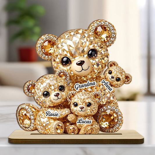 Mommy And Me Crystal Bear - Personalized Custom 2-Layer Wood Plaque With Flat Base