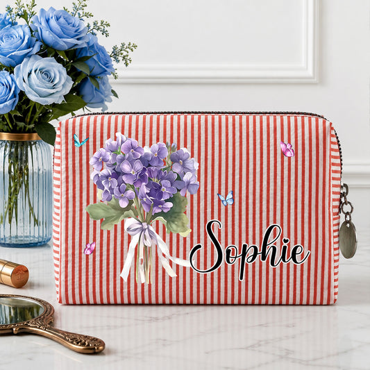 Birth Month Flower - Personalized Custom Seersucker Print Makeup Bag