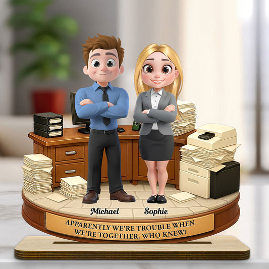 Work Besties Trouble - Personalized Custom 2-Layer Wood Plaque With Flat Base